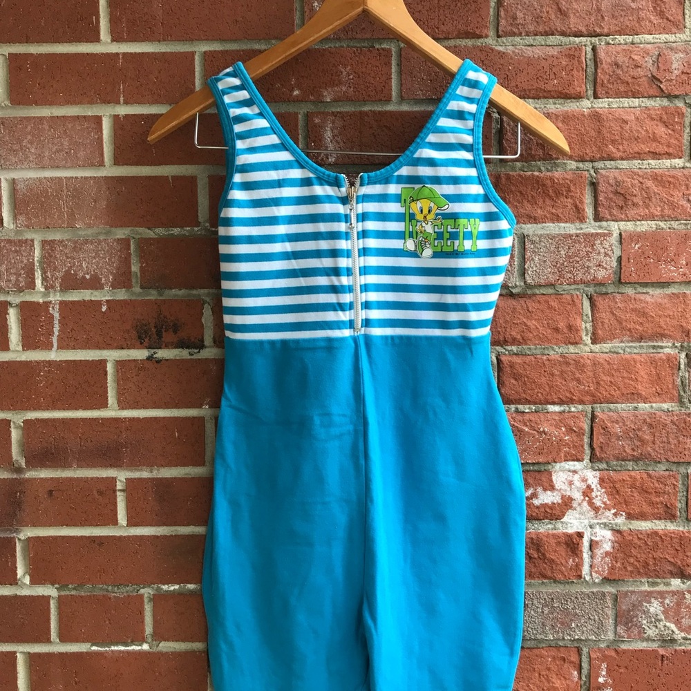 1997 Vintage Looney Tunes Tweety Romper Zipper Front Stripes 90's Streetwear Adu